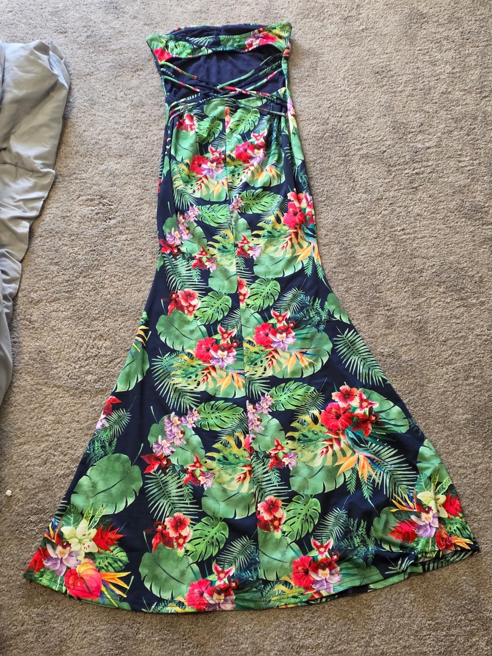 Strapless Tropical Floral Maxi Dress - Navy Green Floral